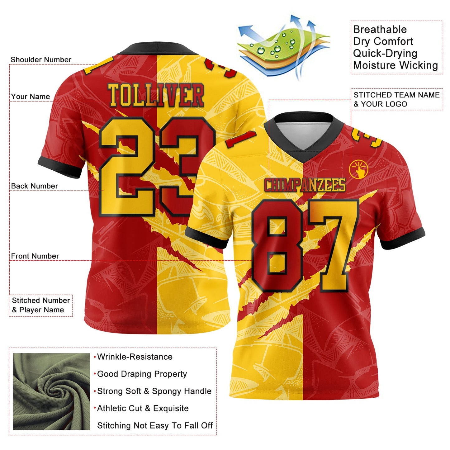 Custom Red Yellow-Black Mesh Authentic Gradient Fashion Scratch Football Jersey - Sky-Custom