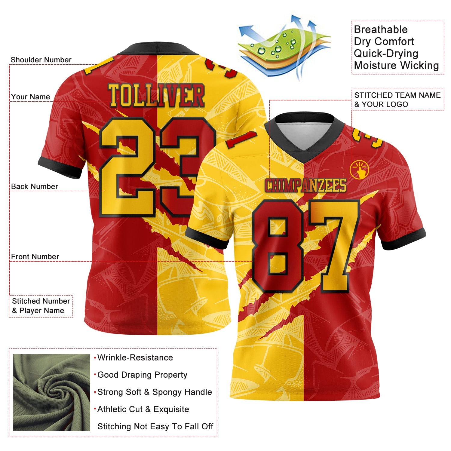 Custom Red Yellow-Black Mesh Authentic Gradient Fashion Scratch Football Jersey - Sky-Custom