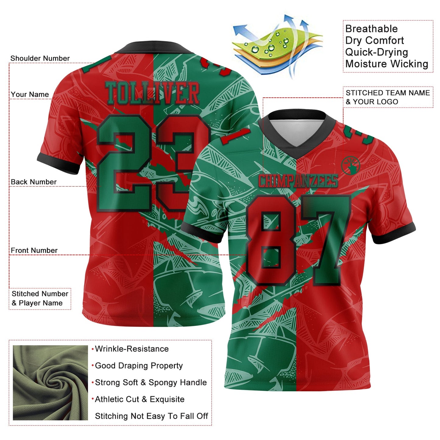 Custom Red Kelly Green-Black Mesh Authentic Gradient Fashion Scratch Football Jersey - Sky-Custom