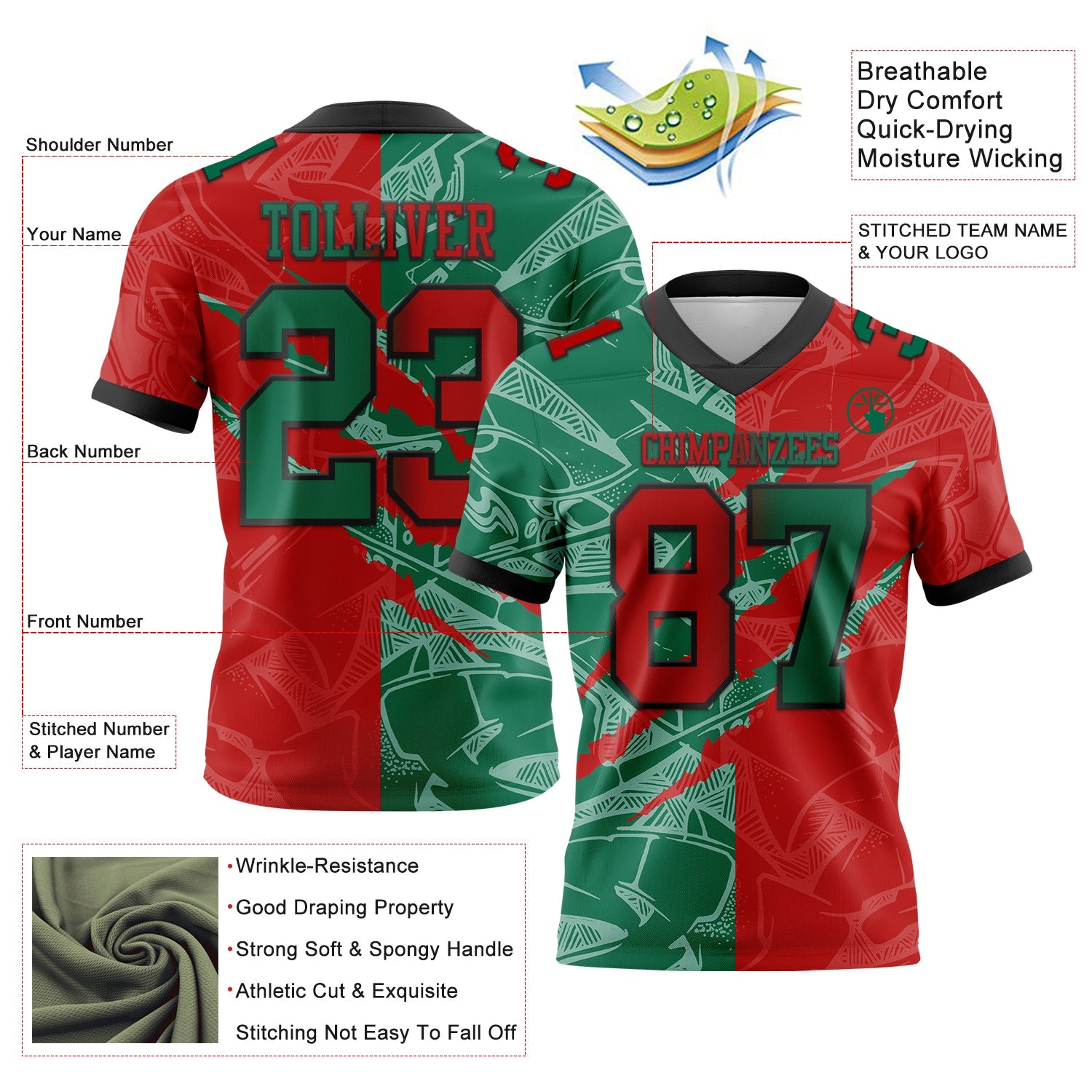 Custom Red Kelly Green-Black Mesh Authentic Gradient Fashion Scratch Football Jersey - Sky-Custom