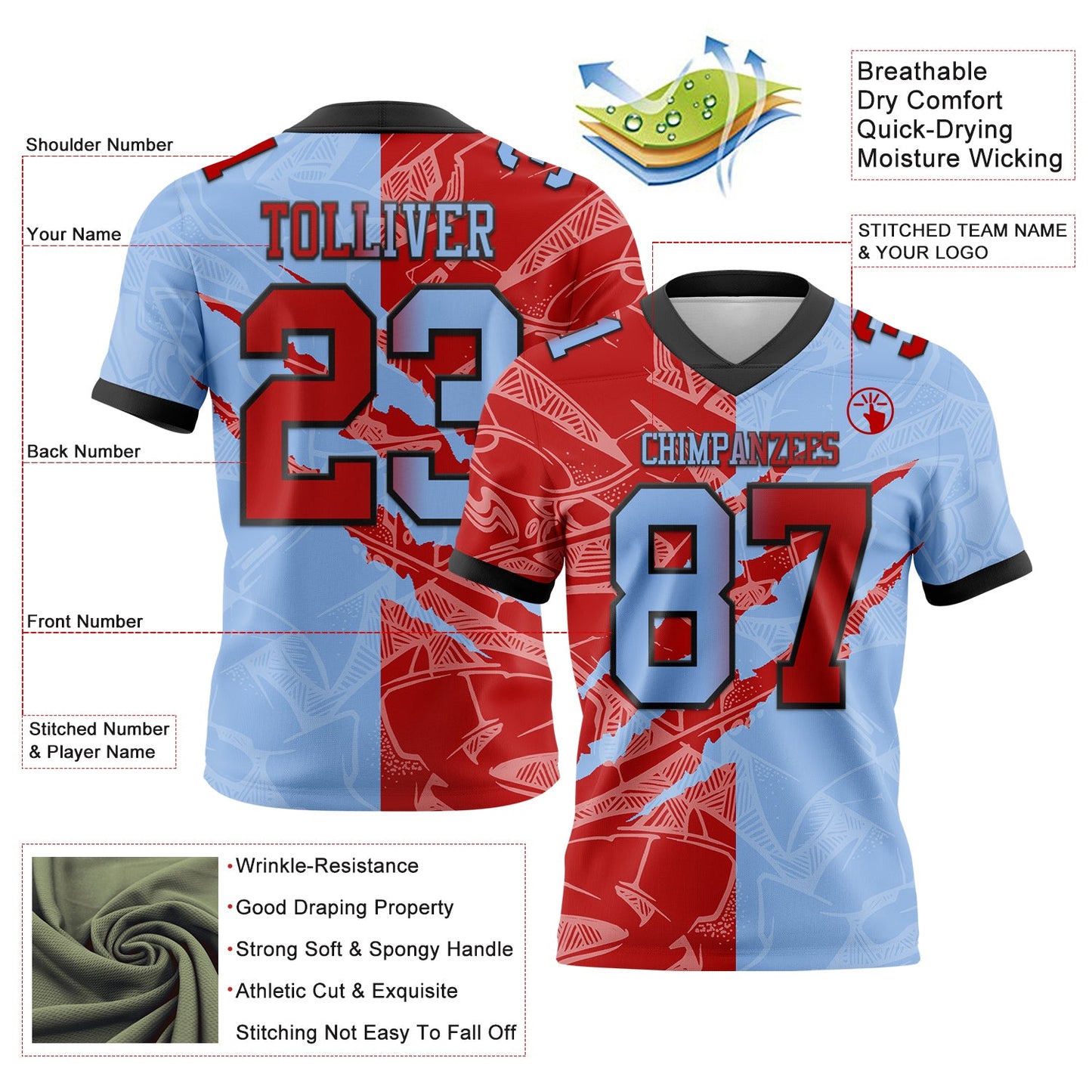 Custom Light Blue Red-Black Mesh Authentic Gradient Fashion Scratch Football Jersey - Sky-Custom