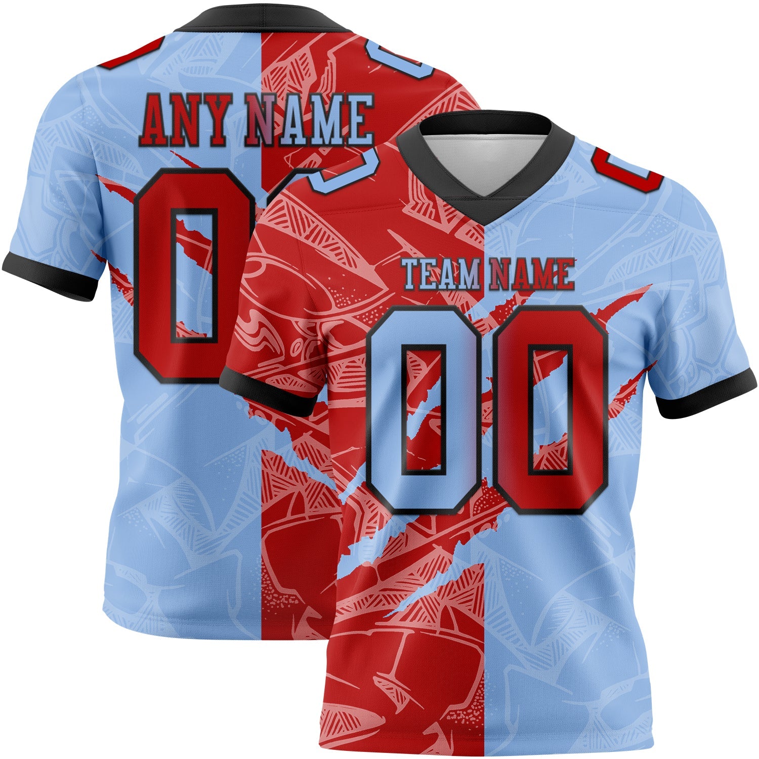 Custom Light Blue Red-Black Mesh Authentic Gradient Fashion Scratch Football Jersey - Sky-Custom