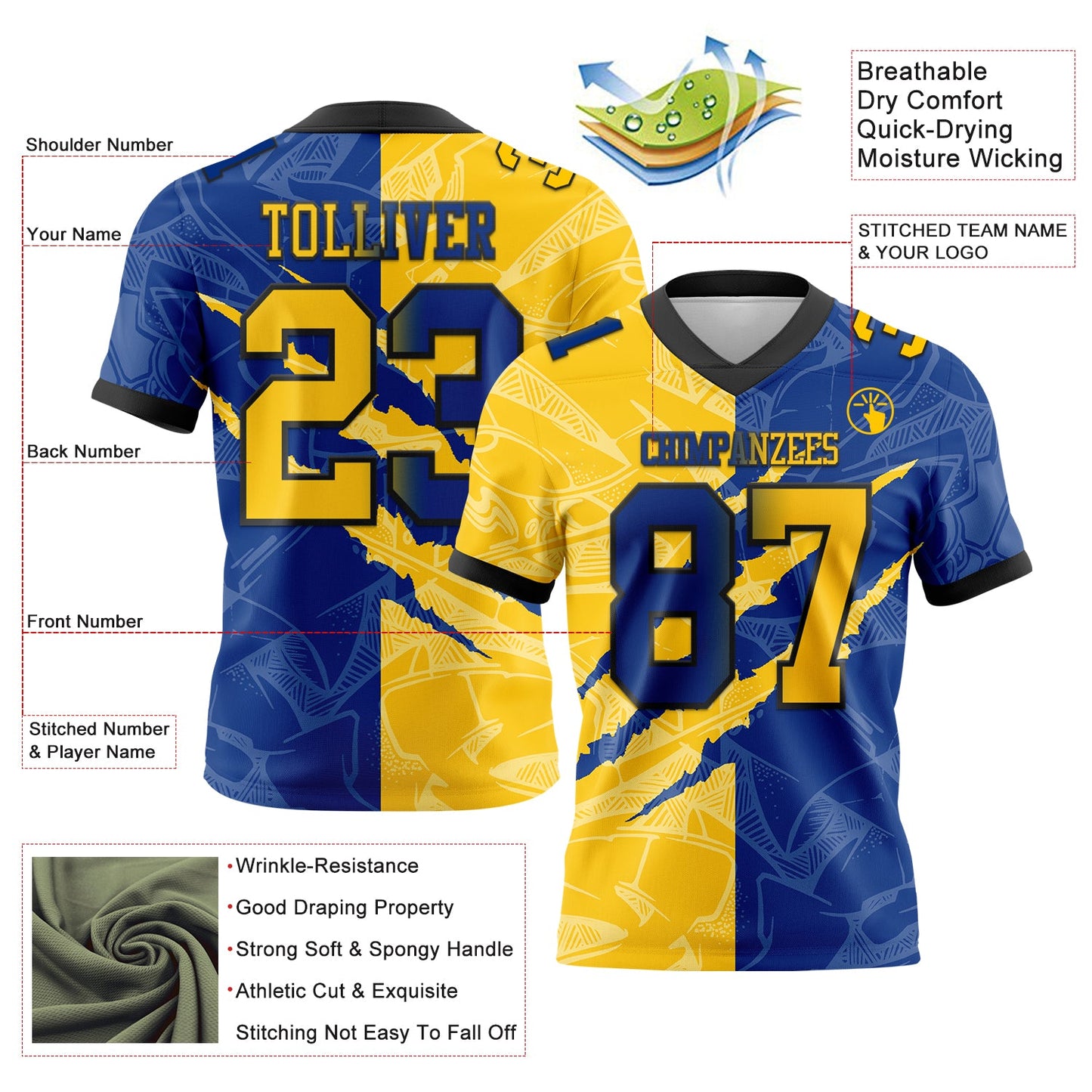 Custom Royal Yellow-Black Mesh Authentic Gradient Fashion Scratch Football Jersey - Sky-Custom