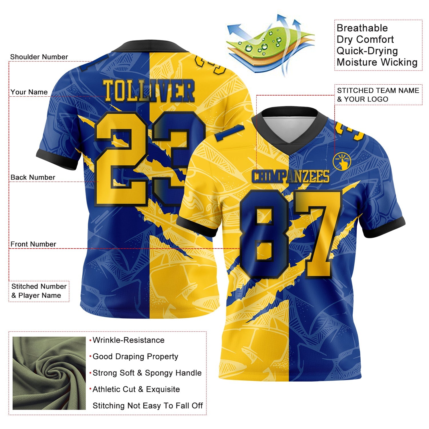 Custom Royal Yellow-Black Mesh Authentic Gradient Fashion Scratch Football Jersey - Sky-Custom