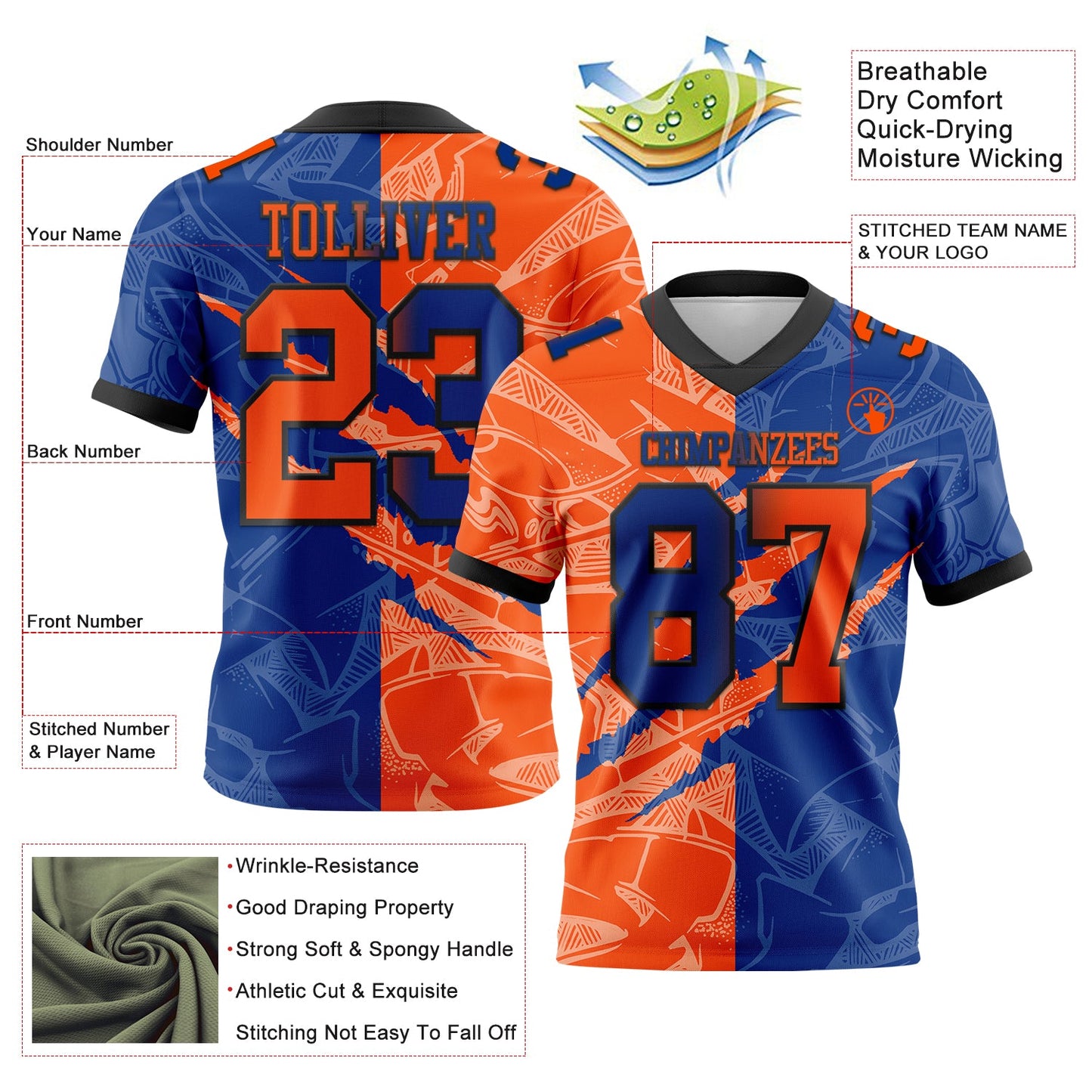 Custom Royal Orange-Black Mesh Authentic Gradient Fashion Scratch Football Jersey - Sky-Custom