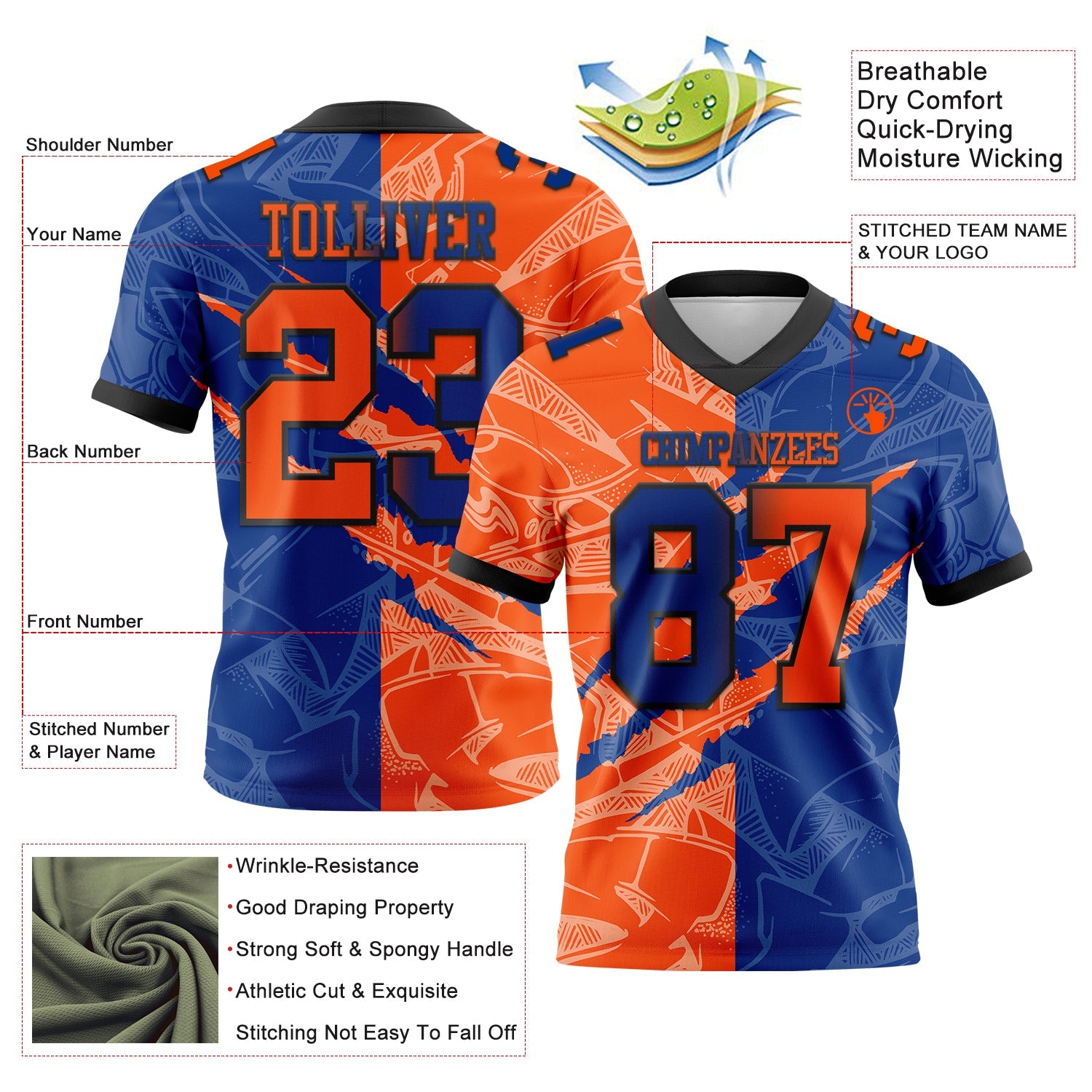 Custom Royal Orange-Black Mesh Authentic Gradient Fashion Scratch Football Jersey - Sky-Custom