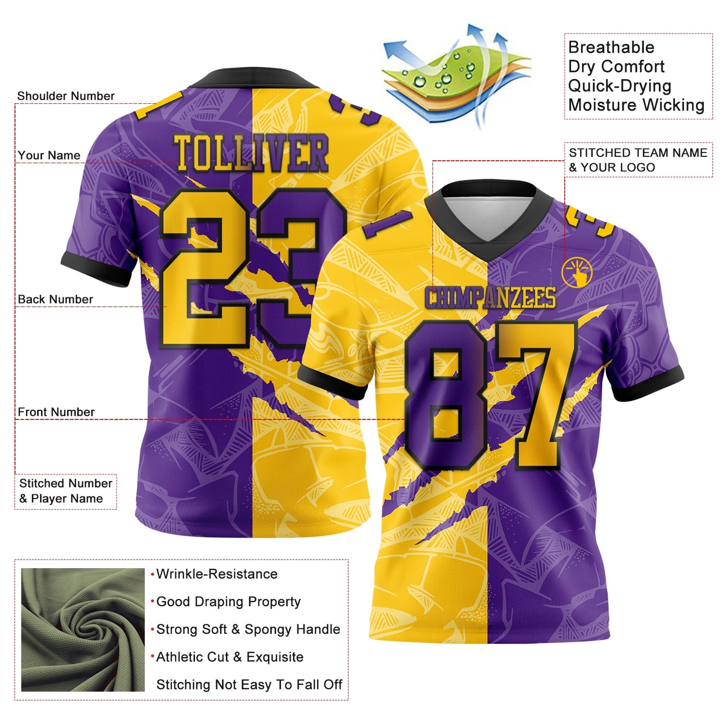 Custom Purple Yellow-Black Mesh Authentic Gradient Fashion Scratch Football Jersey - Sky-Custom