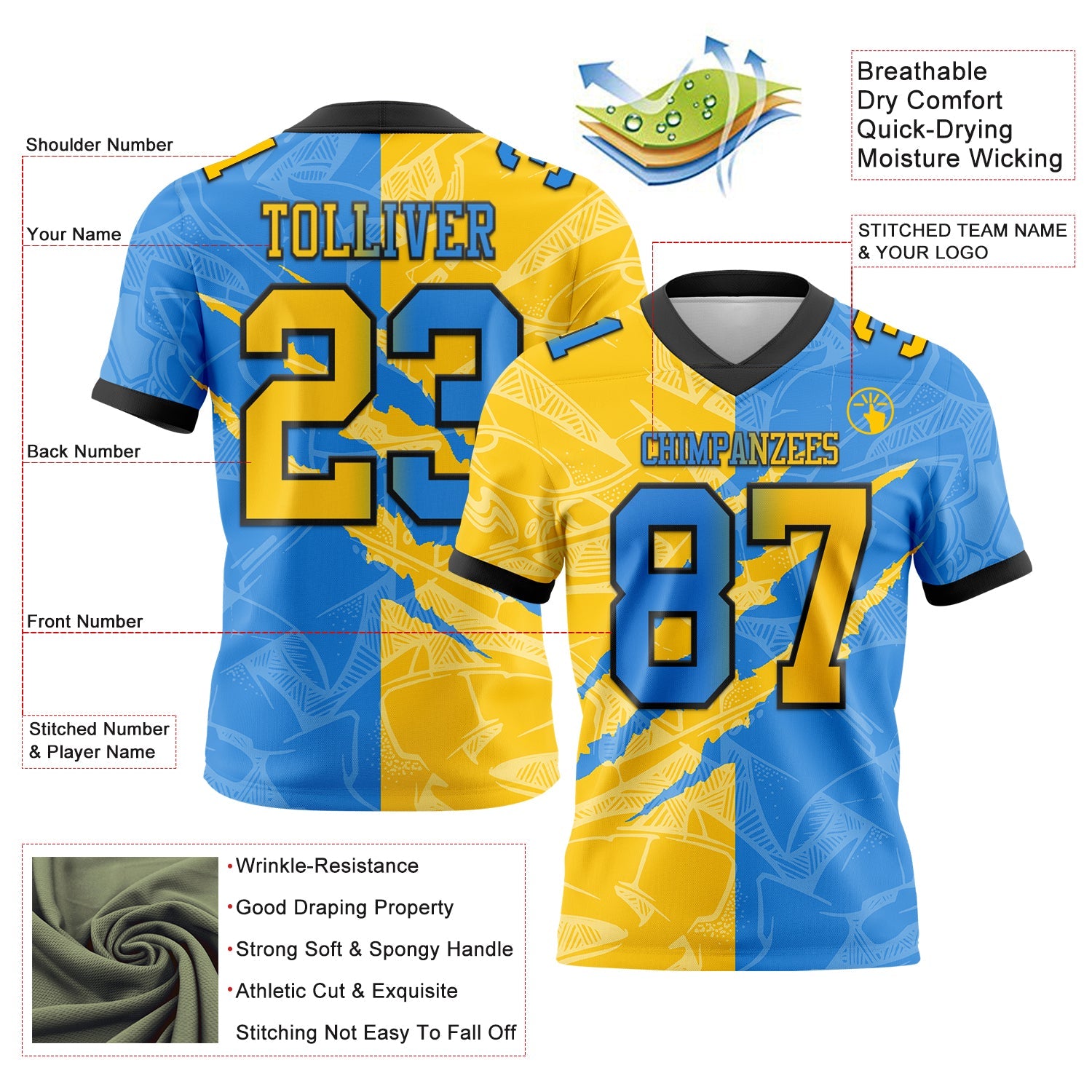 Custom Powder Blue Yellow-Black Mesh Authentic Gradient Fashion Scratch Football Jersey - Sky-Custom
