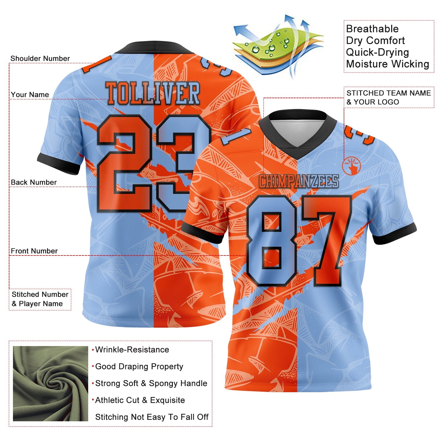 Custom Light Blue Orange-Black Mesh Authentic Gradient Fashion Scratch Football Jersey - Sky-Custom