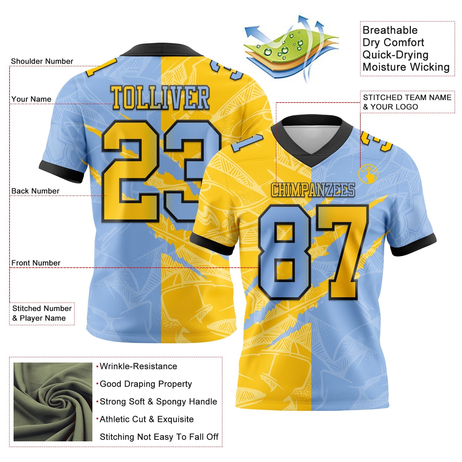 Custom Light Blue Yellow-Black Mesh Authentic Gradient Fashion Scratch Football Jersey - Sky-Custom