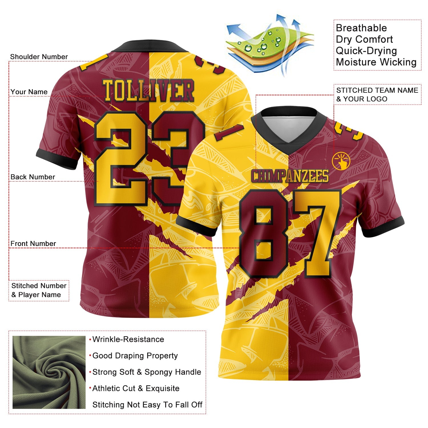 Custom Crimson Yellow-Black Mesh Authentic Gradient Fashion Scratch Football Jersey - Sky-Custom
