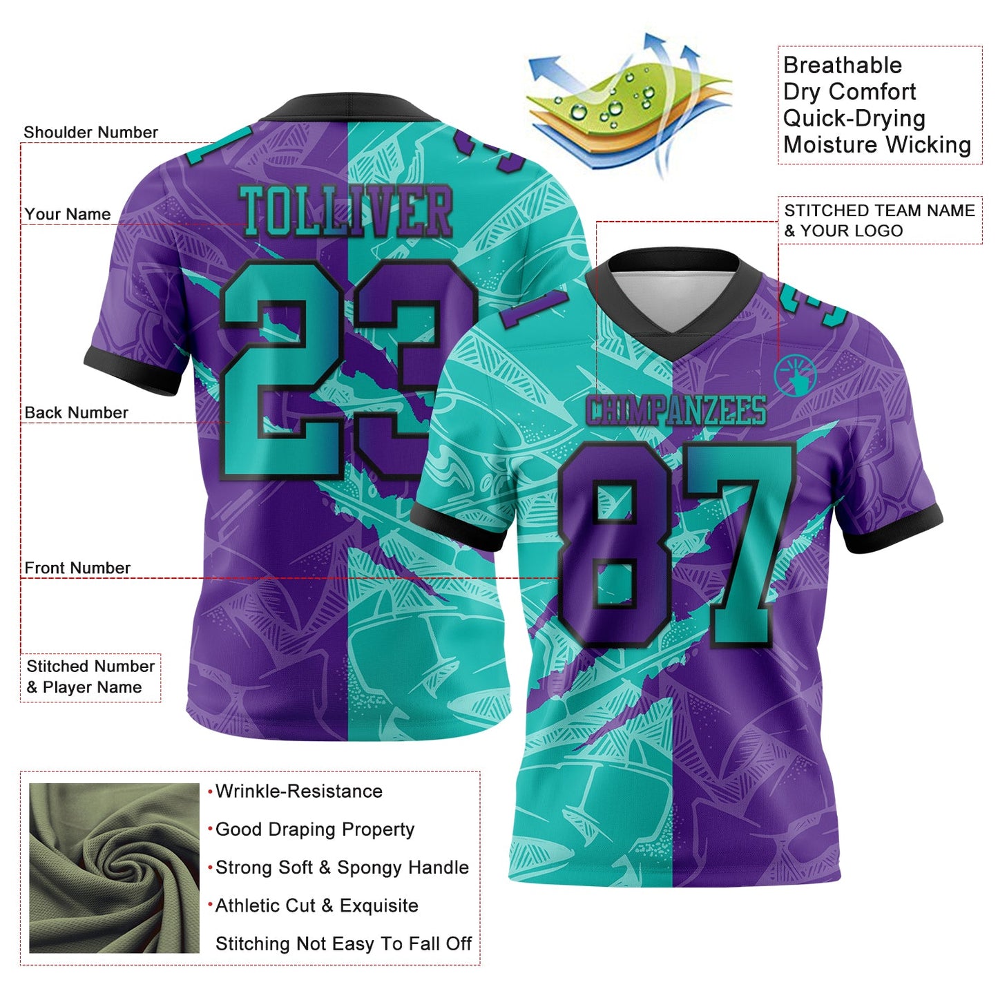 Custom Purple Aqua-Black Mesh Authentic Gradient Fashion Scratch Football Jersey - Sky-Custom