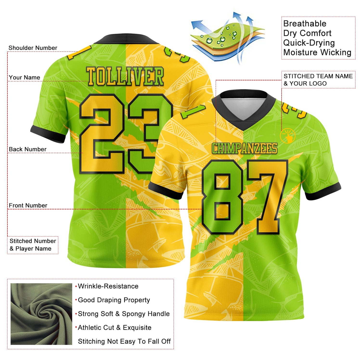 Custom Neon Green Yellow-Black Mesh Authentic Gradient Fashion Scratch Football Jersey - Sky-Custom