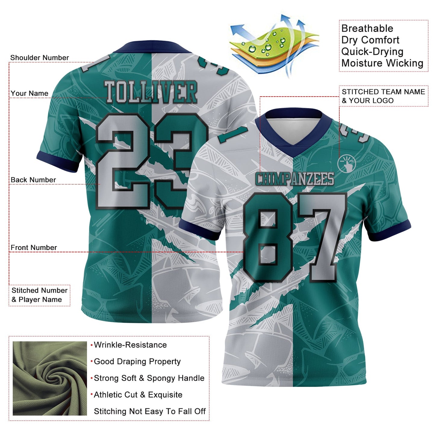 Custom Teal Gray-Navy Mesh Authentic Gradient Fashion Scratch Football Jersey - Sky-Custom