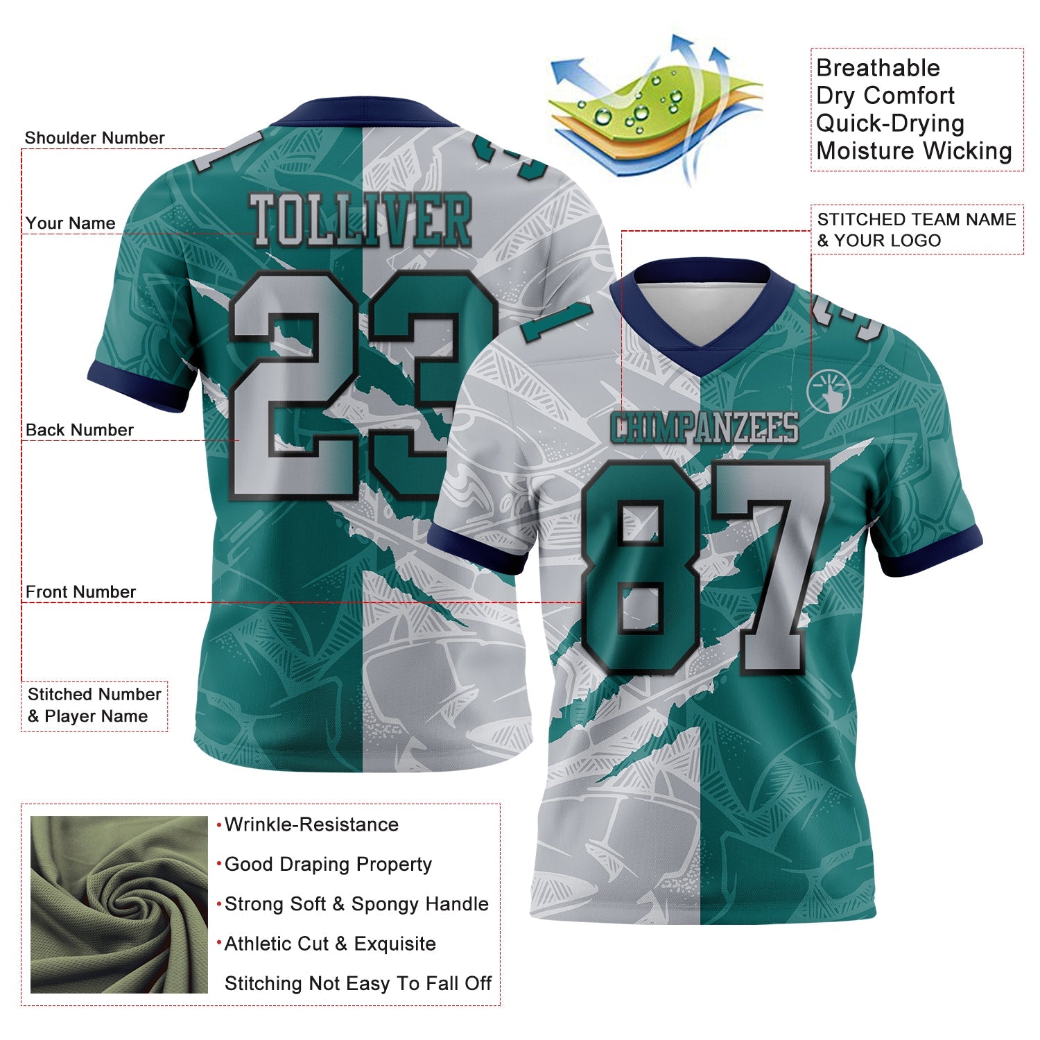 Custom Teal Gray-Navy Mesh Authentic Gradient Fashion Scratch Football Jersey - Sky-Custom
