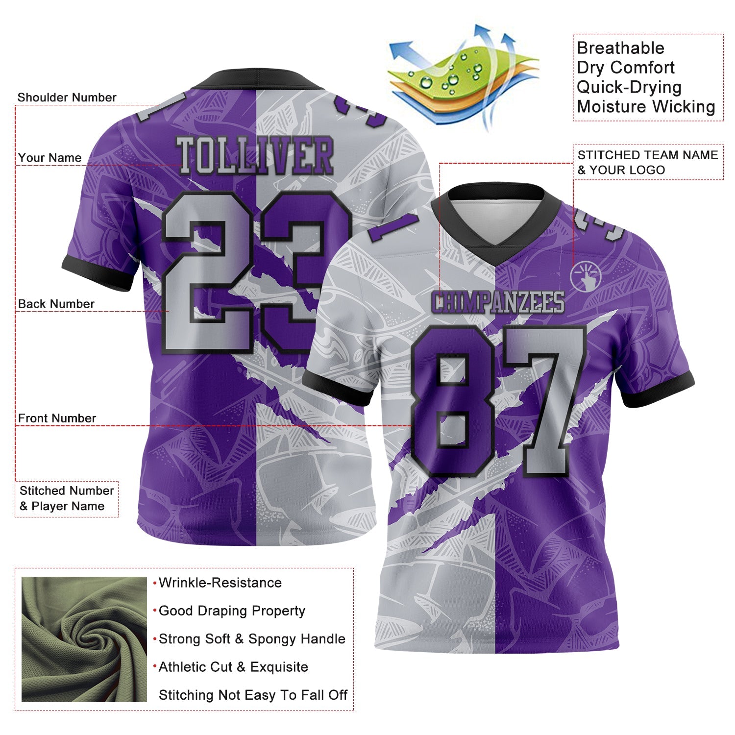 Custom Purple Gray-Black Mesh Authentic Gradient Fashion Scratch Football Jersey - Sky-Custom