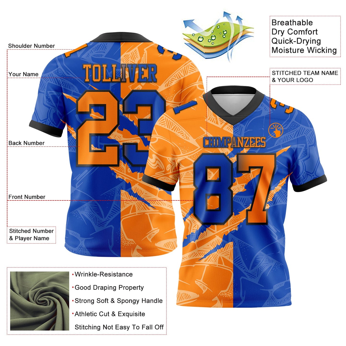 Custom Thunder Blue Bay Orange-Black Mesh Authentic Gradient Fashion Scratch Football Jersey - Sky-Custom