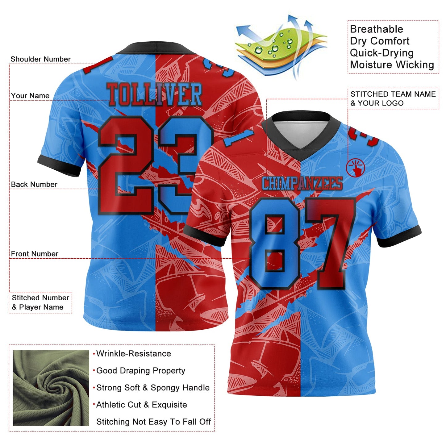 Custom Powder Blue Red-Navy Mesh Authentic Gradient Fashion Scratch Football Jersey - Sky-Custom