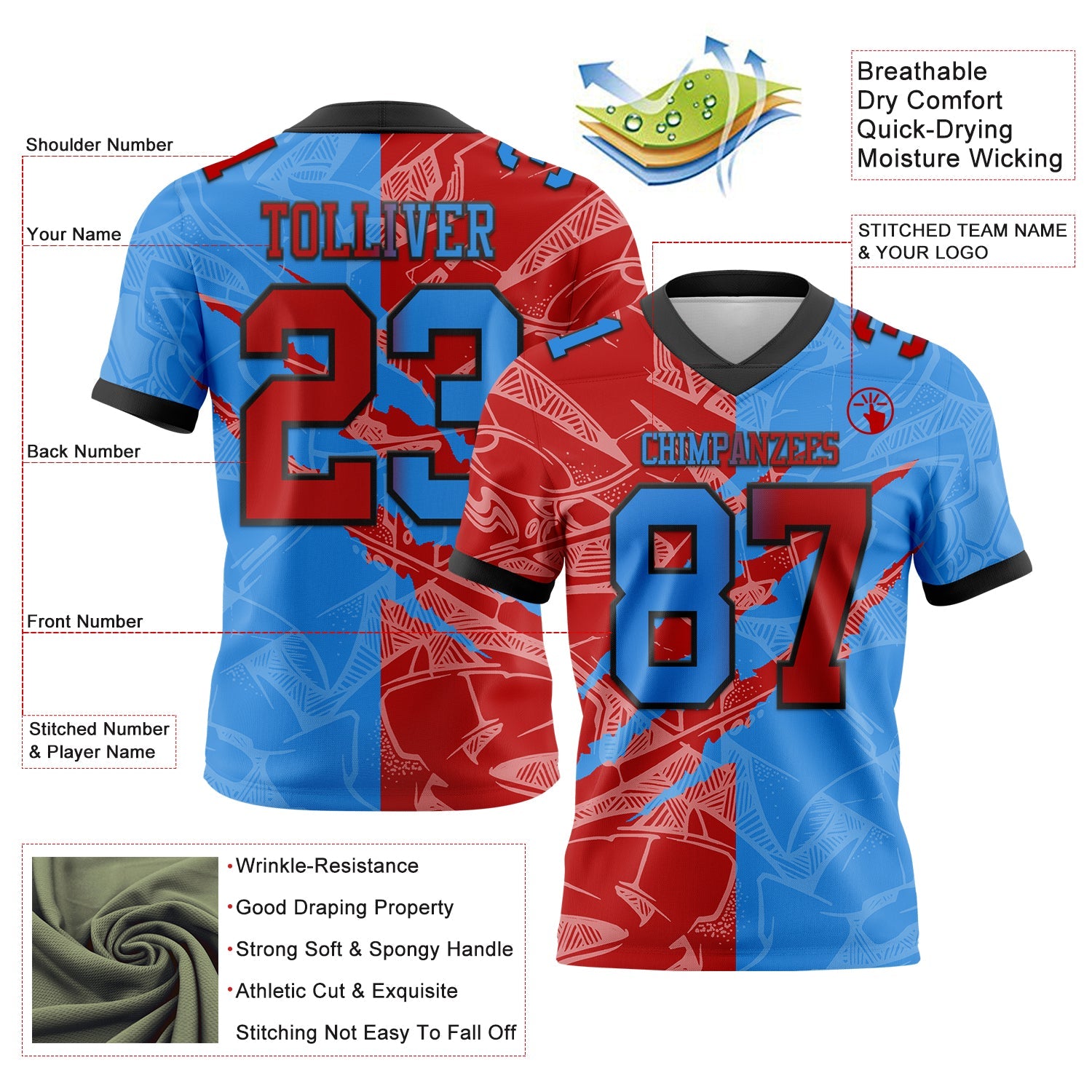 Custom Powder Blue Red-Navy Mesh Authentic Gradient Fashion Scratch Football Jersey - Sky-Custom