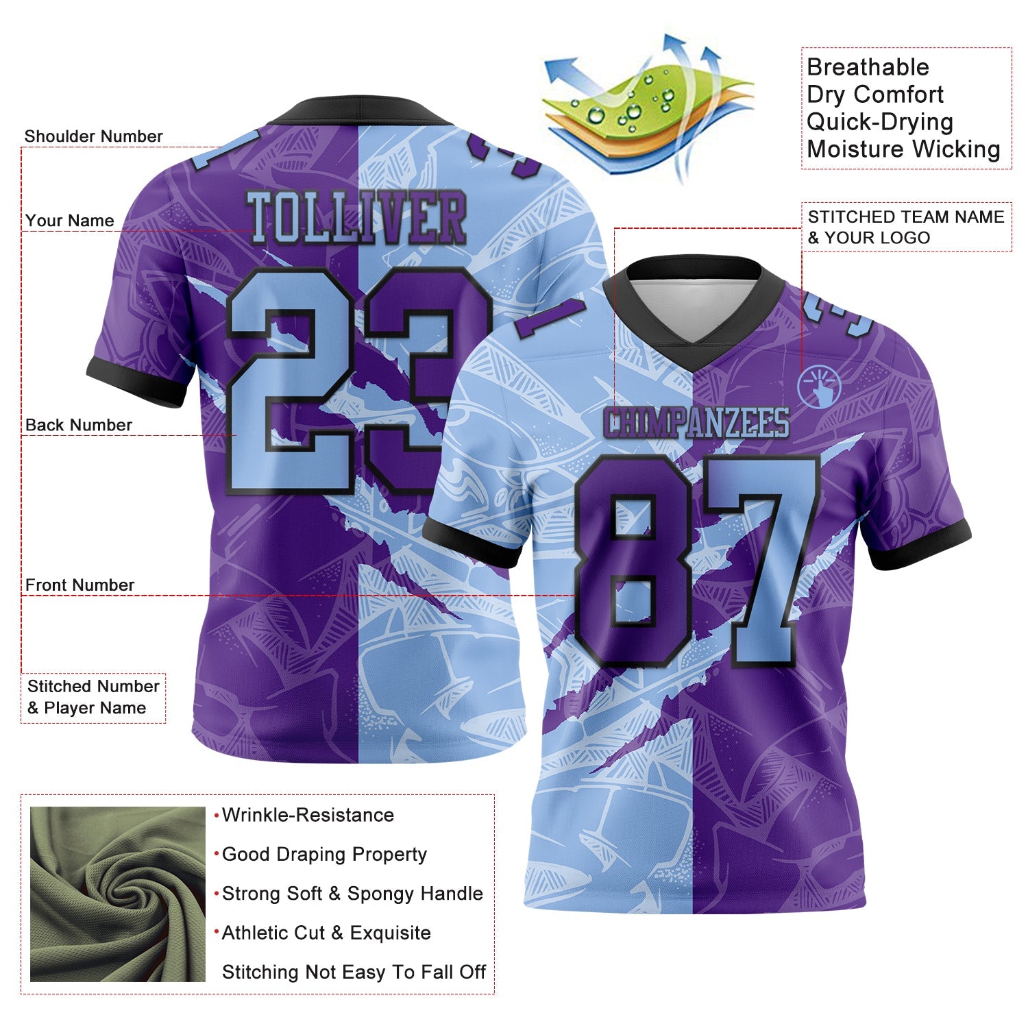 Custom Purple Light Blue-Black Mesh Authentic Gradient Fashion Scratch Football Jersey - Sky-Custom