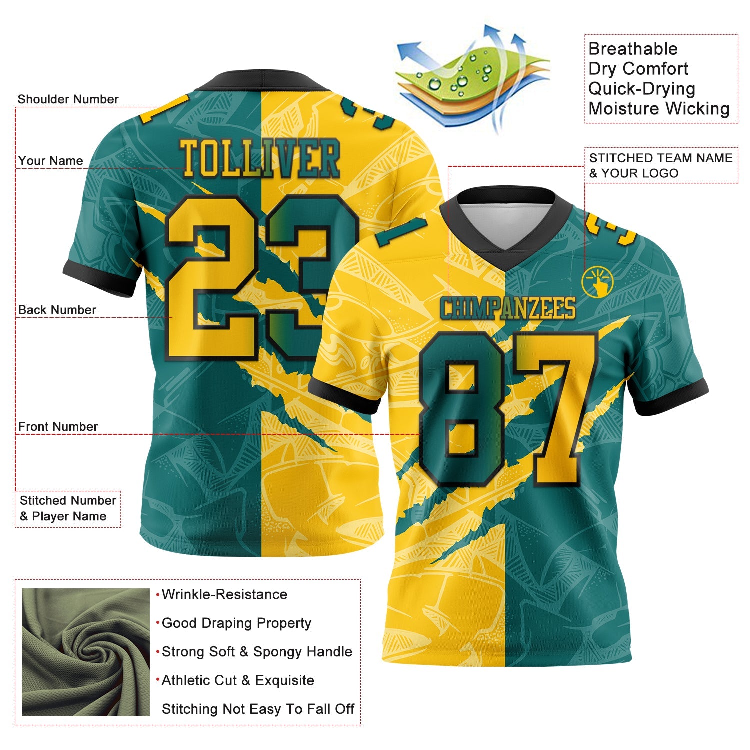 Custom Teal Yellow-Black Mesh Authentic Gradient Fashion Scratch Football Jersey - Sky-Custom