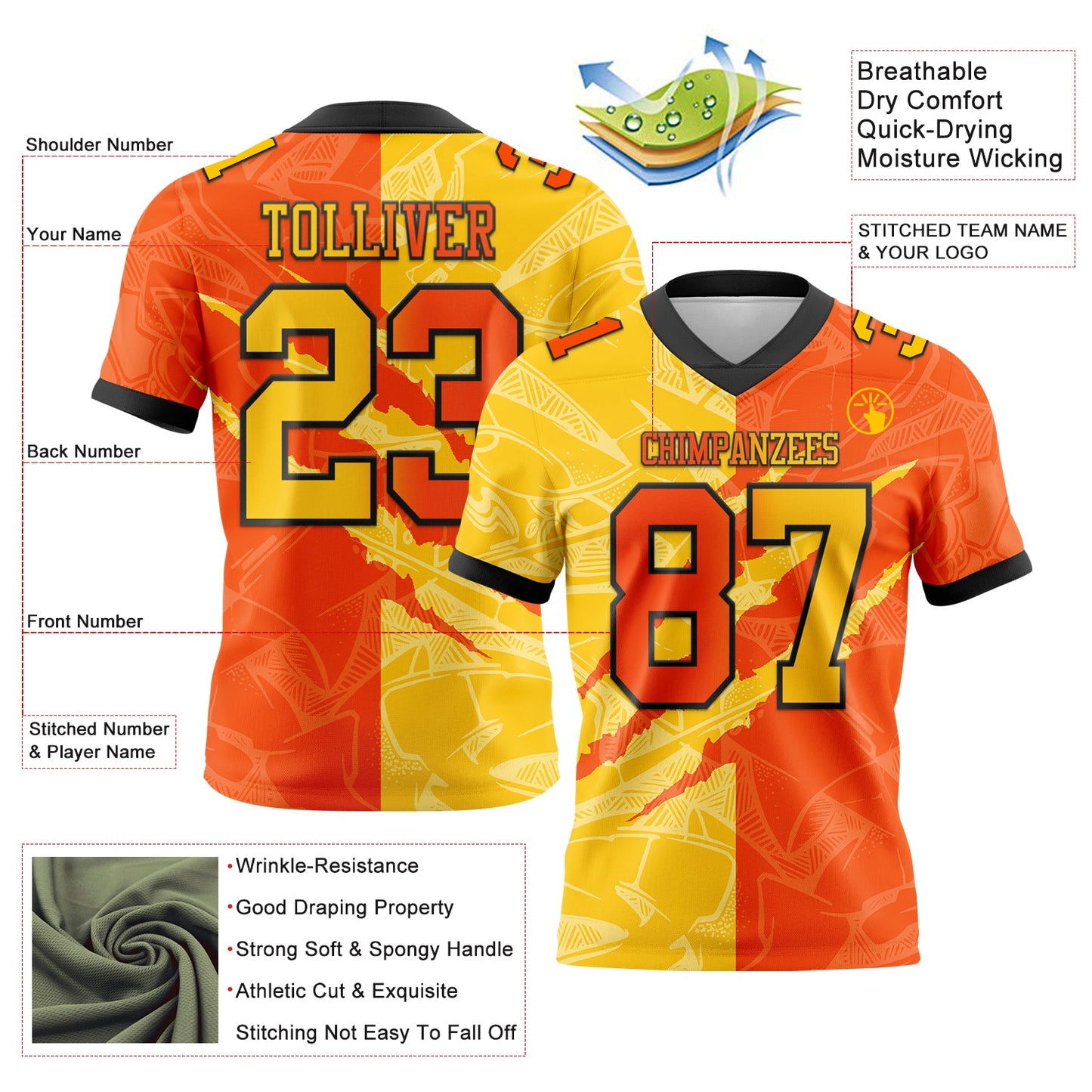 Custom Orange Yellow-Black Mesh Authentic Gradient Fashion Scratch Football Jersey - Sky-Custom