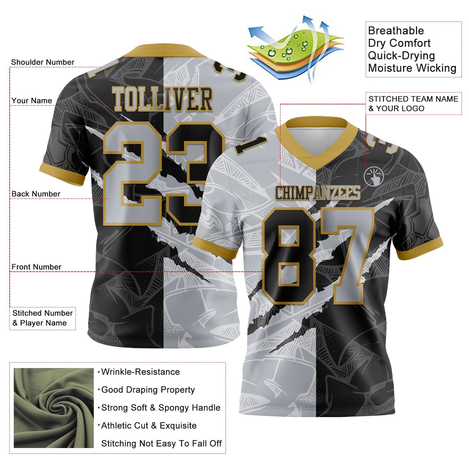 Custom Black Gray-Old Gold Mesh Authentic Gradient Fashion Scratch Football Jersey - Sky-Custom