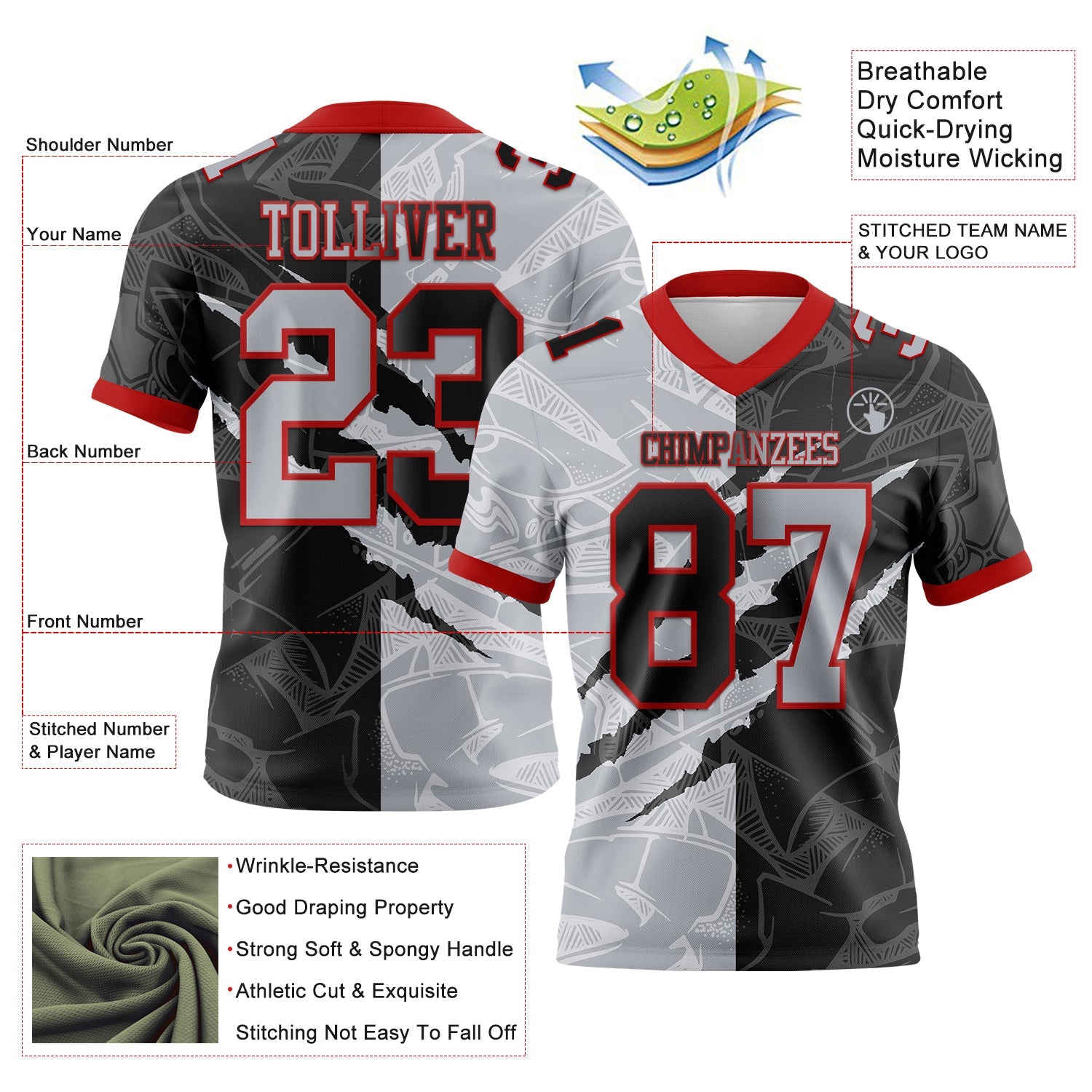 Custom Black Gray-Red Mesh Authentic Gradient Fashion Scratch Football Jersey - Sky-Custom