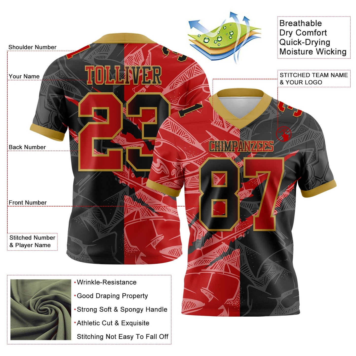Custom Black Red-Old Gold Mesh Authentic Gradient Fashion Scratch Football Jersey - Sky-Custom