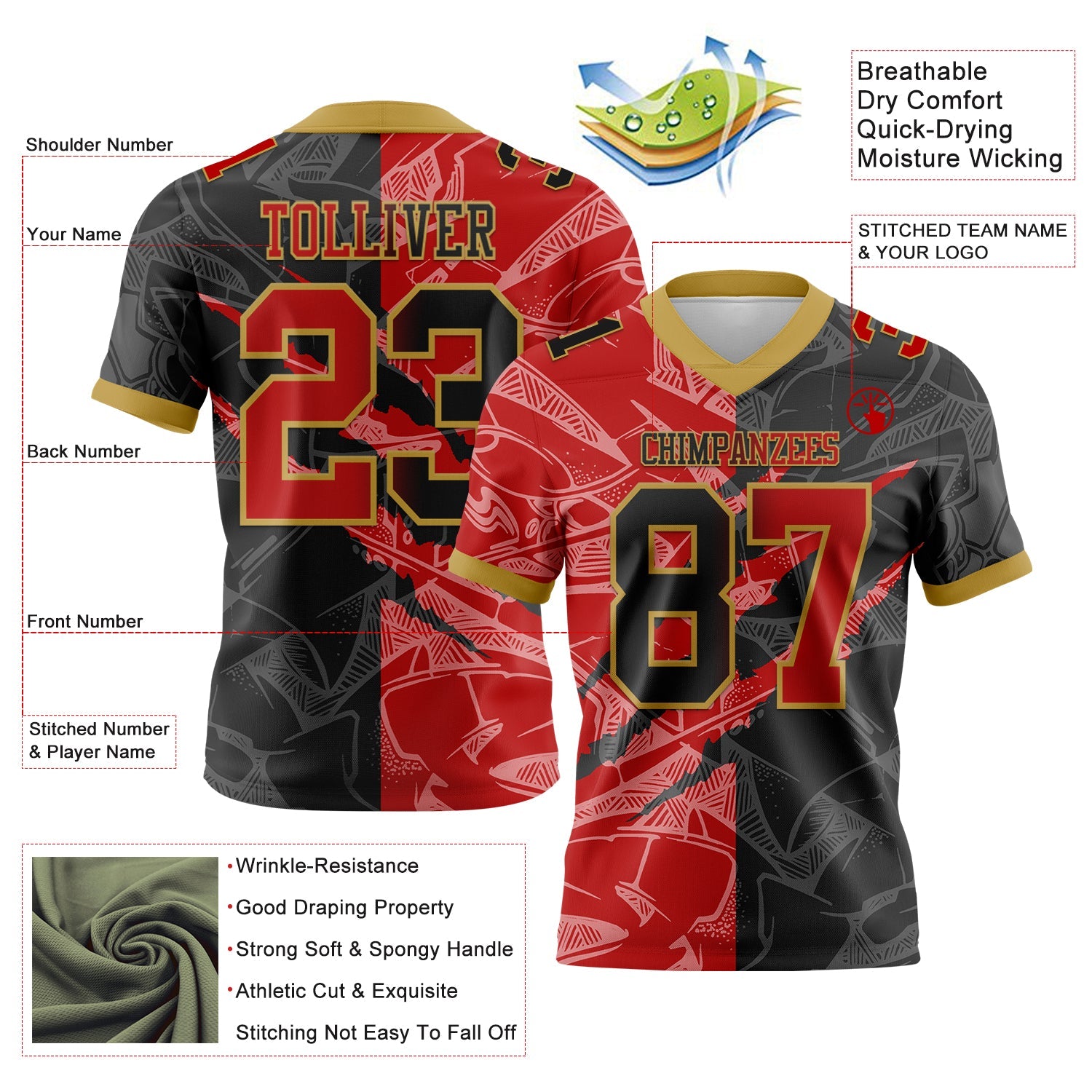 Custom Black Red-Old Gold Mesh Authentic Gradient Fashion Scratch Football Jersey - Sky-Custom