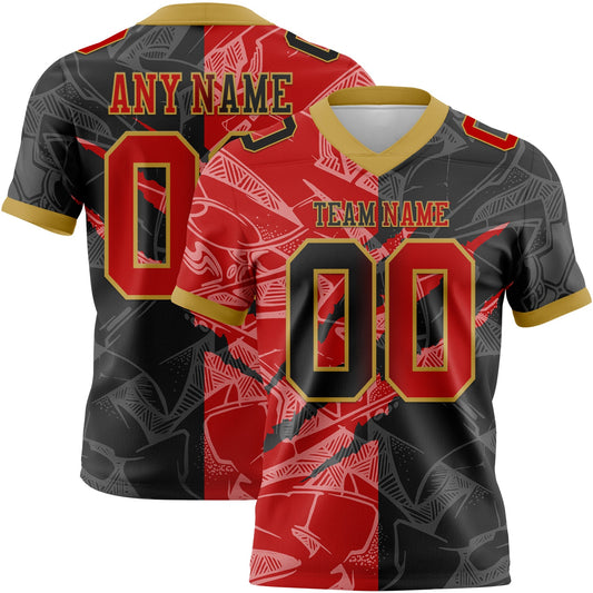 Custom Black Red-Old Gold Mesh Authentic Gradient Fashion Scratch Football Jersey - Sky-Custom