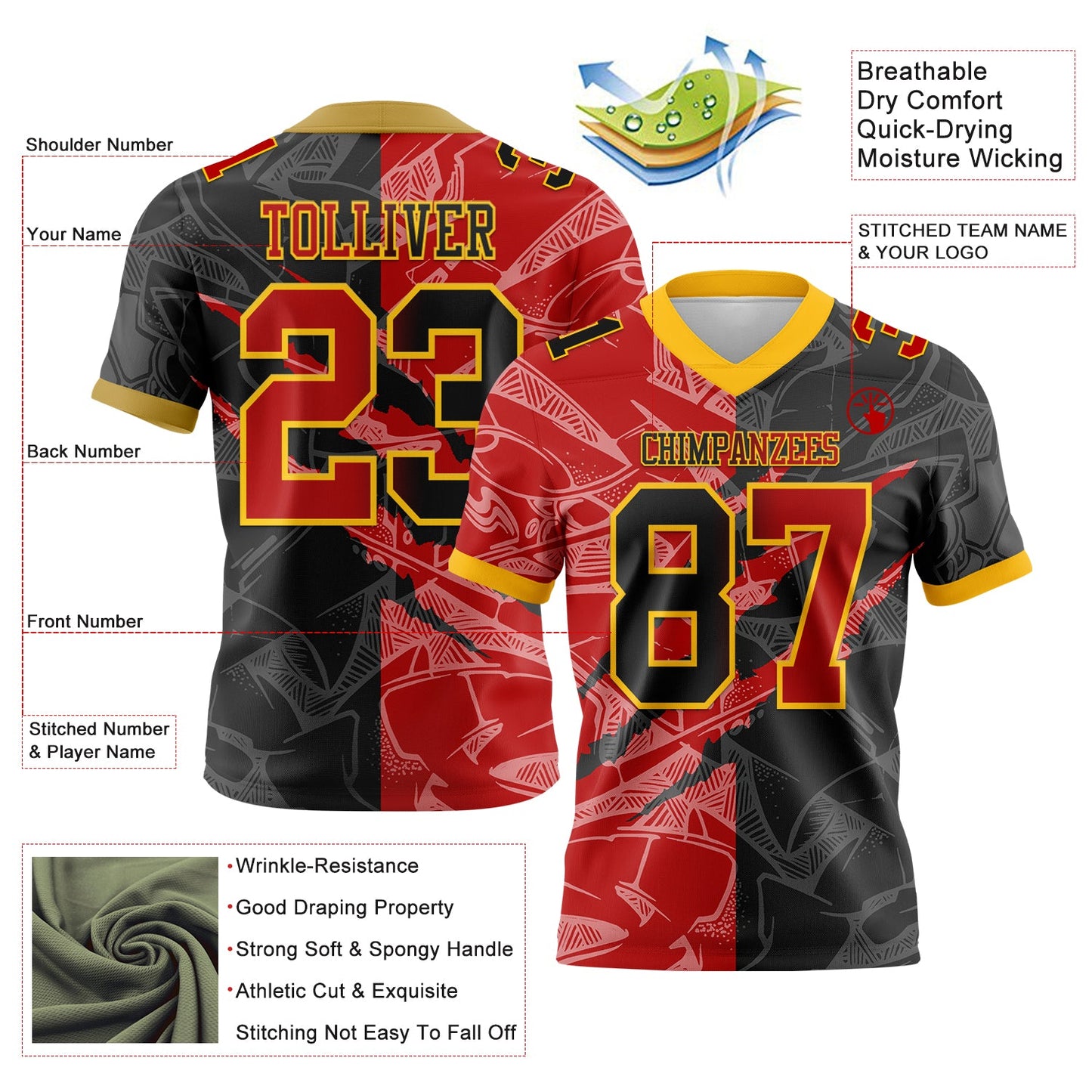 Custom Black Red-Gold Mesh Authentic Gradient Fashion Scratch Football Jersey - Sky-Custom