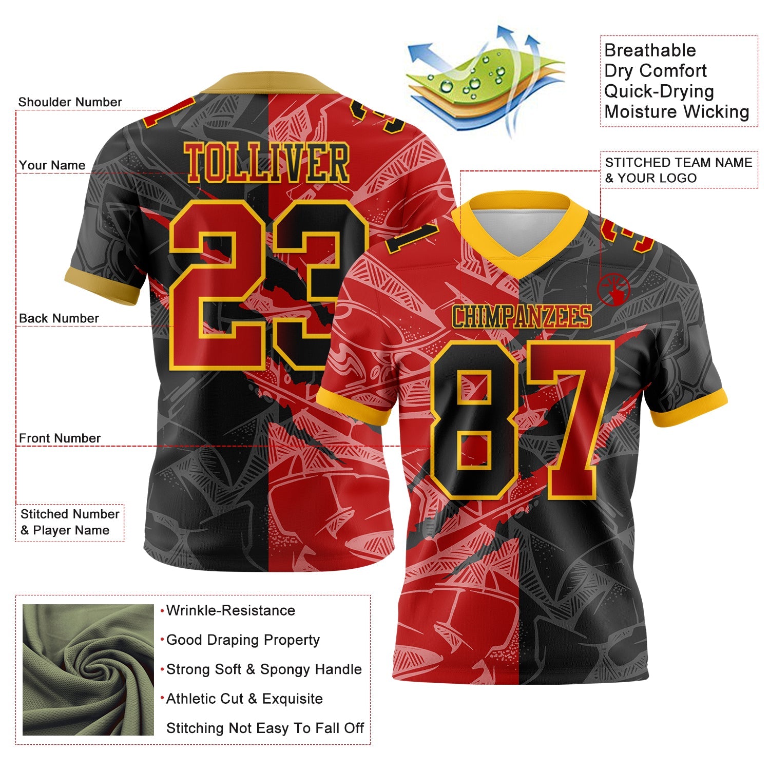 Custom Black Red-Gold Mesh Authentic Gradient Fashion Scratch Football Jersey - Sky-Custom