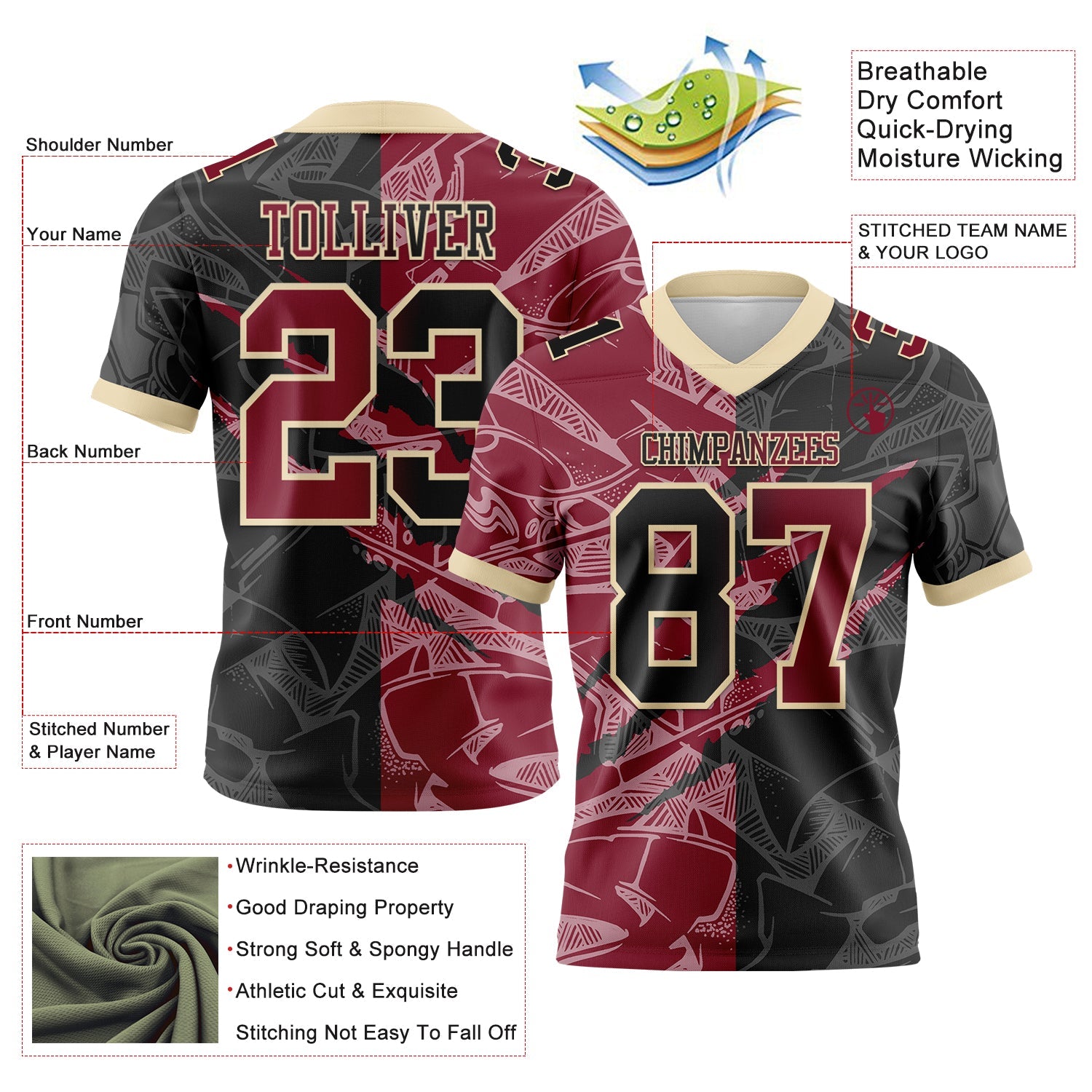 Custom Black Crimson-Cream Mesh Authentic Gradient Fashion Scratch Football Jersey - Sky-Custom