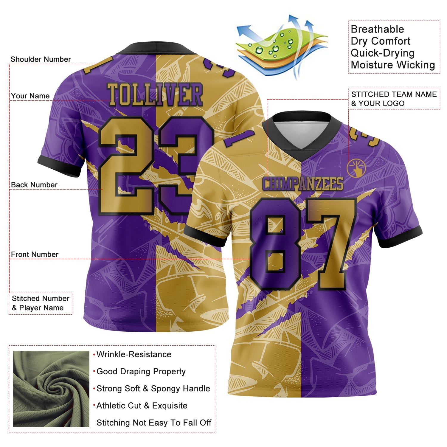Custom Purple Old Gold-Black Mesh Authentic Gradient Fashion Scratch Football Jersey - Sky-Custom