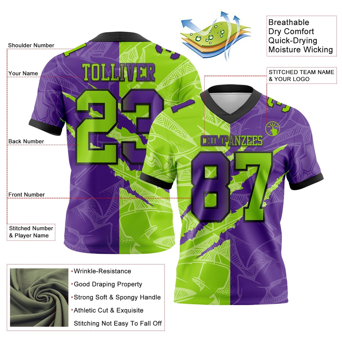 Custom Purple Neon Green-Black Mesh Authentic Gradient Fashion Scratch Football Jersey - Sky-Custom