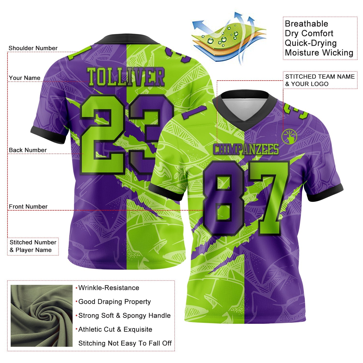 Custom Purple Neon Green-Black Mesh Authentic Gradient Fashion Scratch Football Jersey - Sky-Custom
