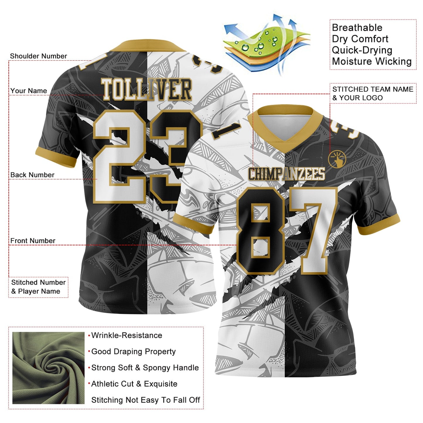 Custom Black White-Old Gold Mesh Authentic Gradient Fashion Scratch Football Jersey - Sky-Custom
