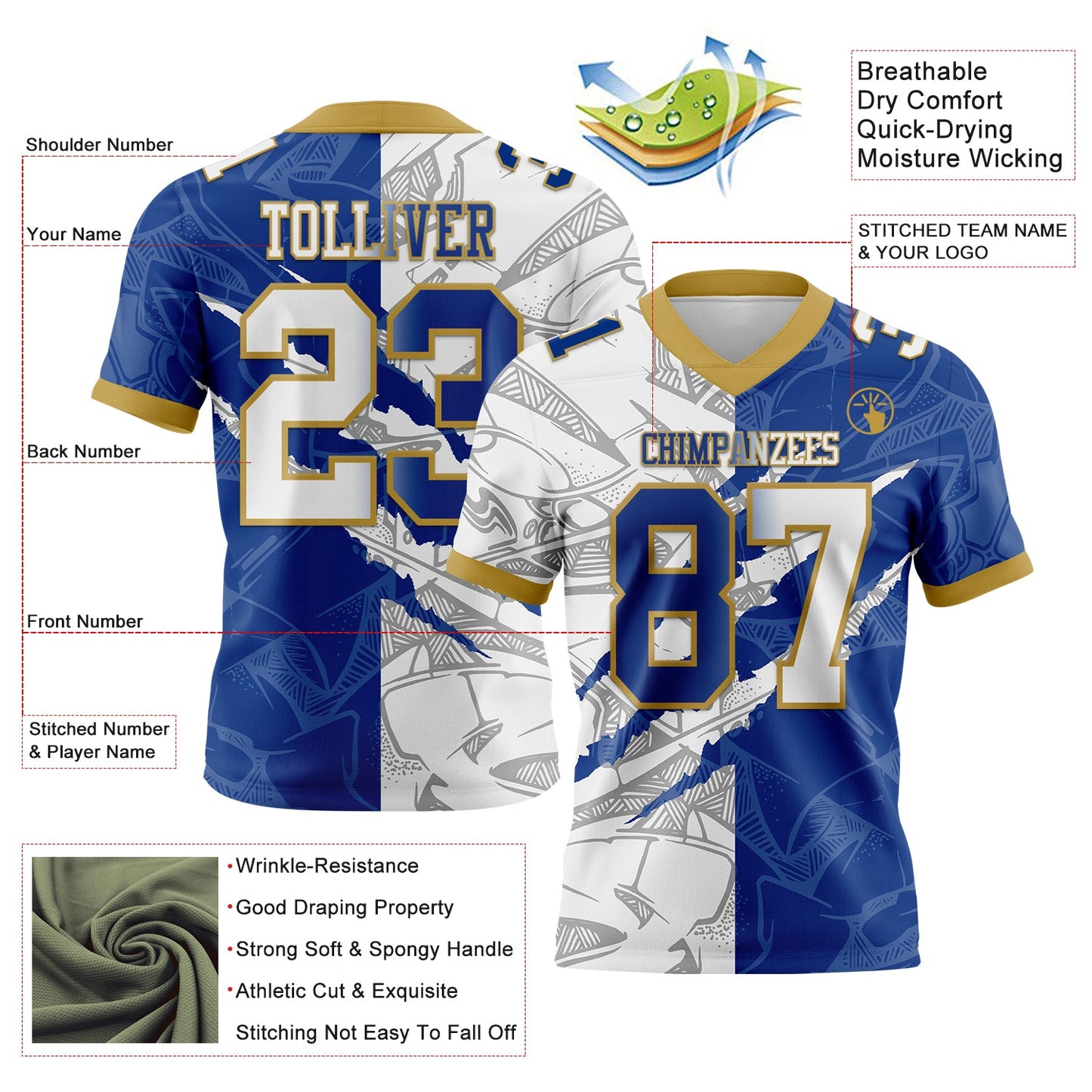 Custom Royal White-Old Gold Mesh Authentic Gradient Fashion Scratch Football Jersey - Sky-Custom