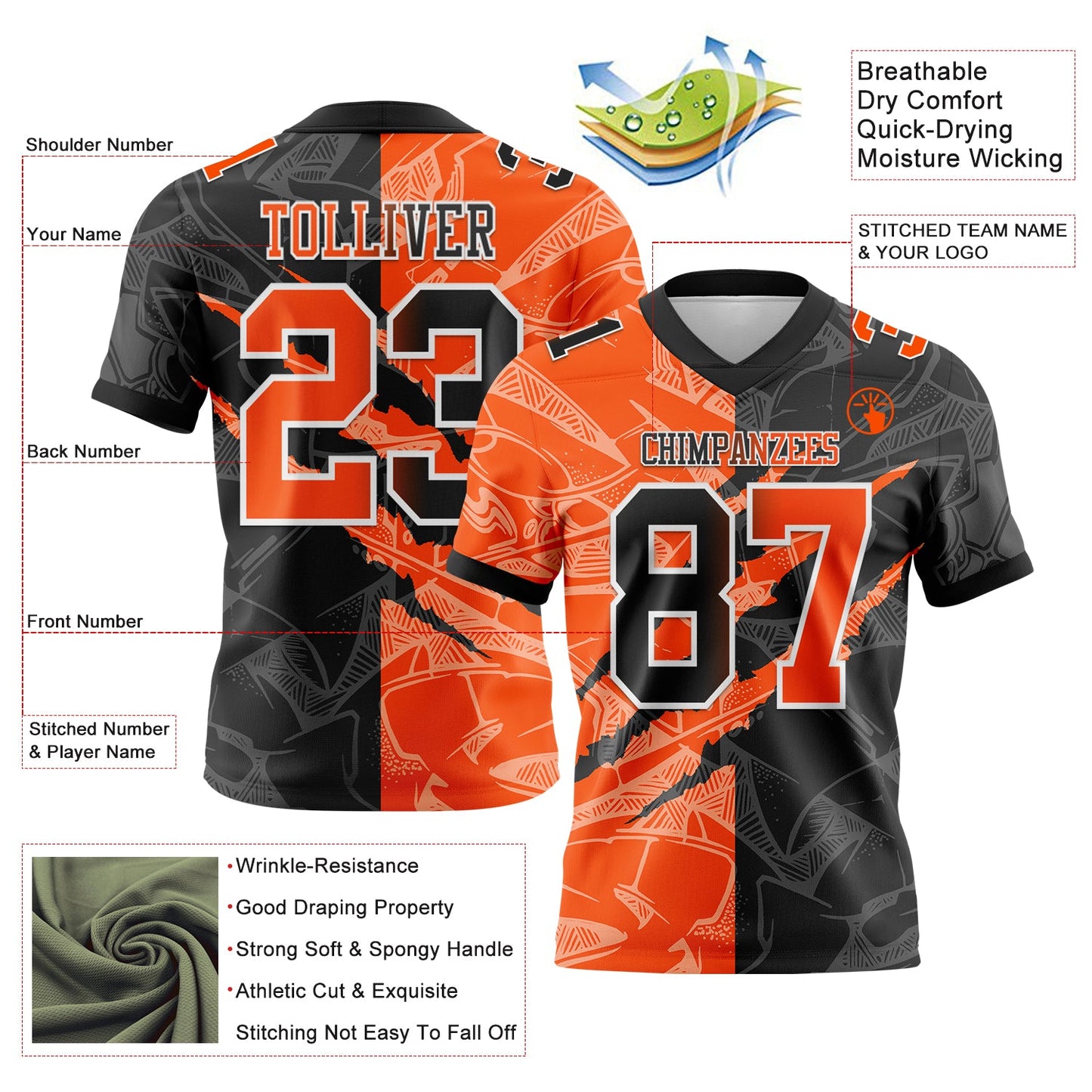 Custom Black Orange-White Mesh Authentic Gradient Fashion Scratch Football Jersey - Sky-Custom