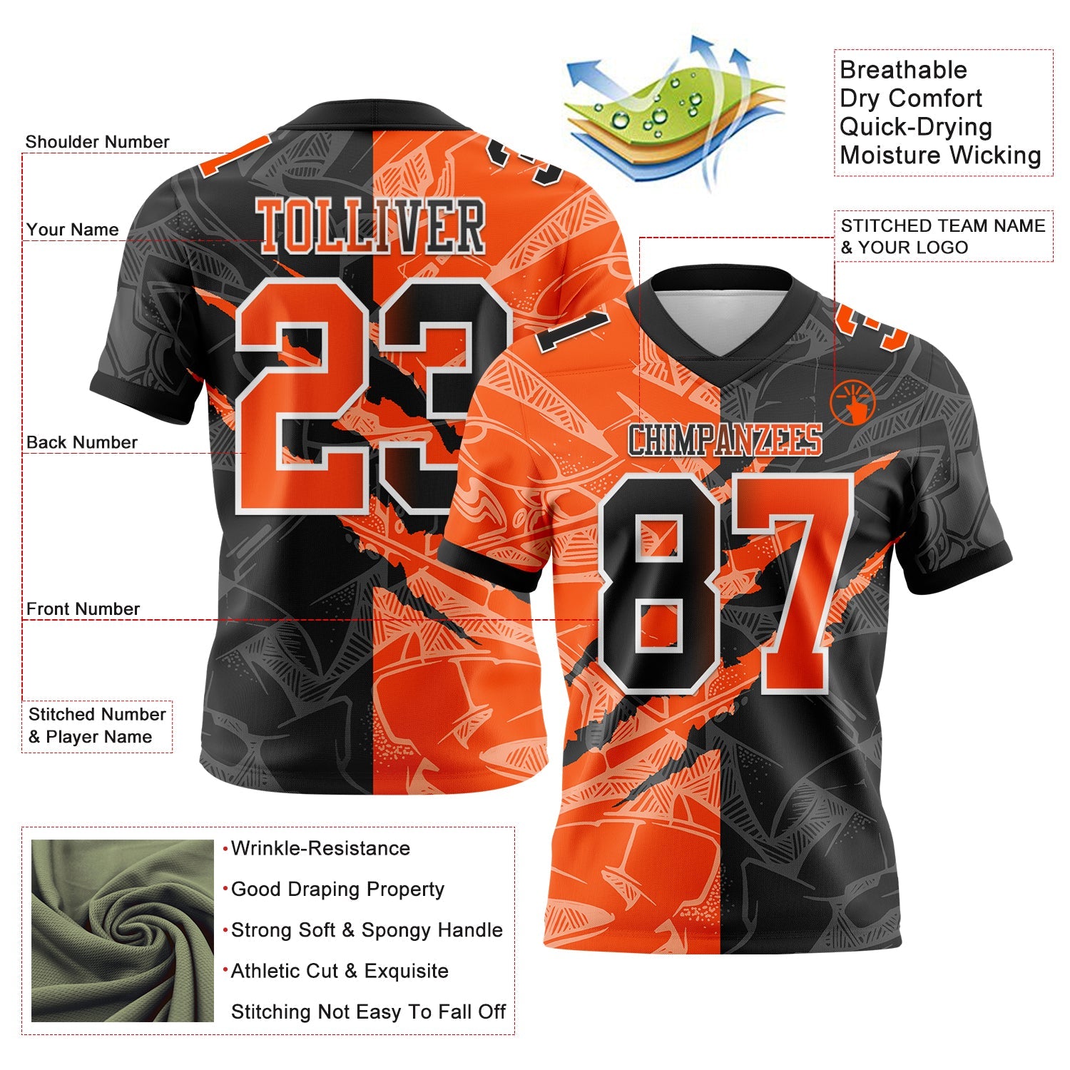 Custom Black Orange-White Mesh Authentic Gradient Fashion Scratch Football Jersey - Sky-Custom