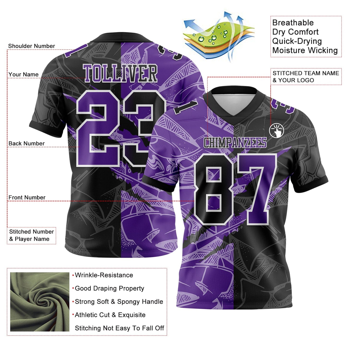 Custom Black Purple-White Mesh Authentic Gradient Fashion Scratch Football Jersey - Sky-Custom