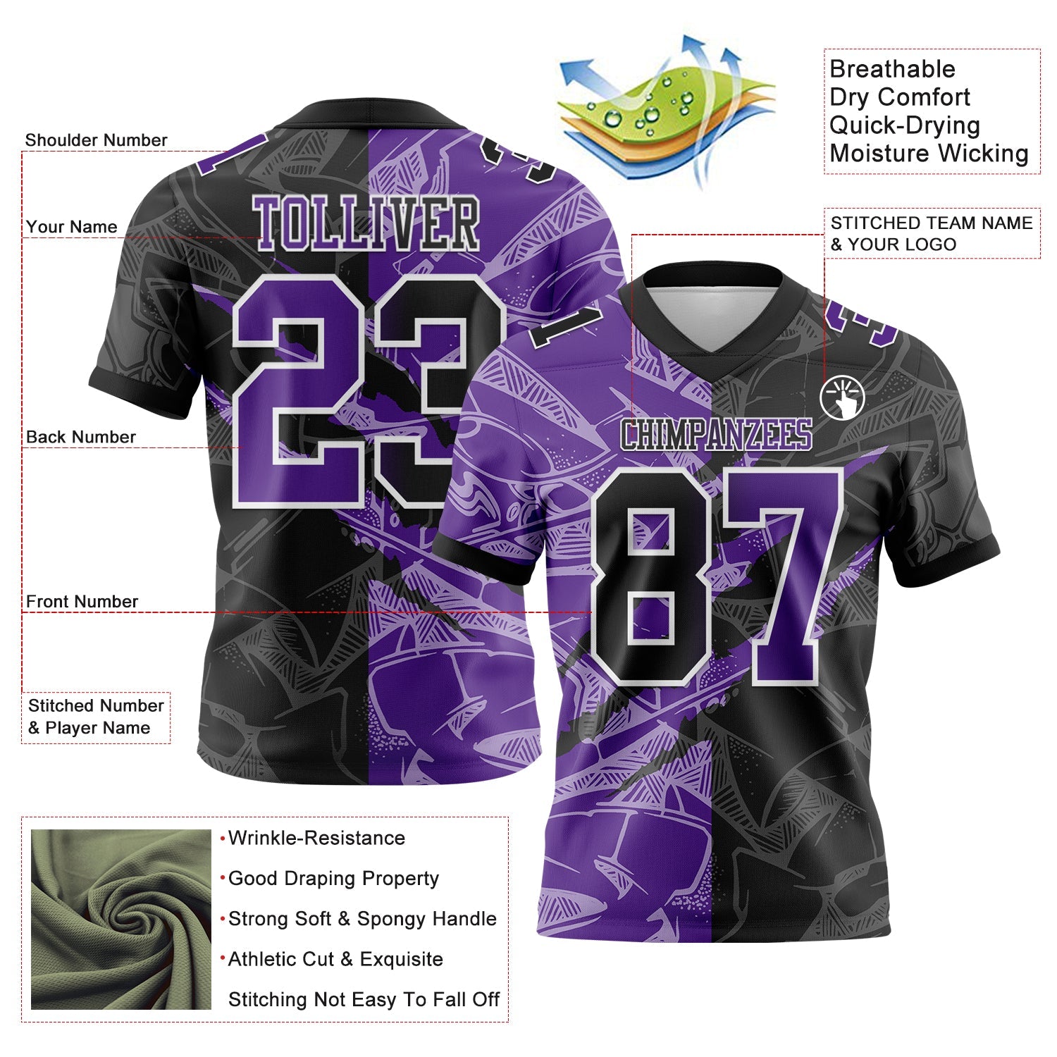 Custom Black Purple-White Mesh Authentic Gradient Fashion Scratch Football Jersey - Sky-Custom