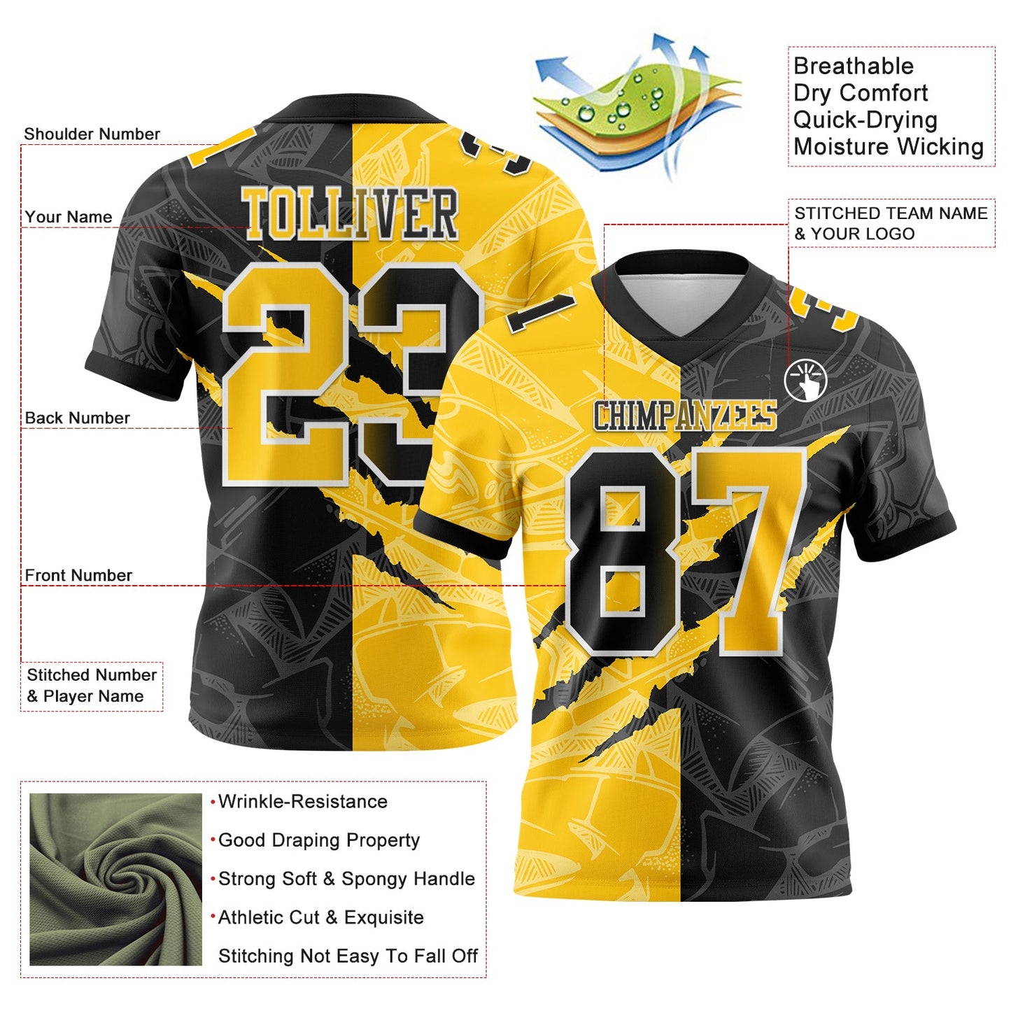 Custom Black Yellow-White Mesh Authentic Gradient Fashion Scratch Football Jersey - Sky-Custom