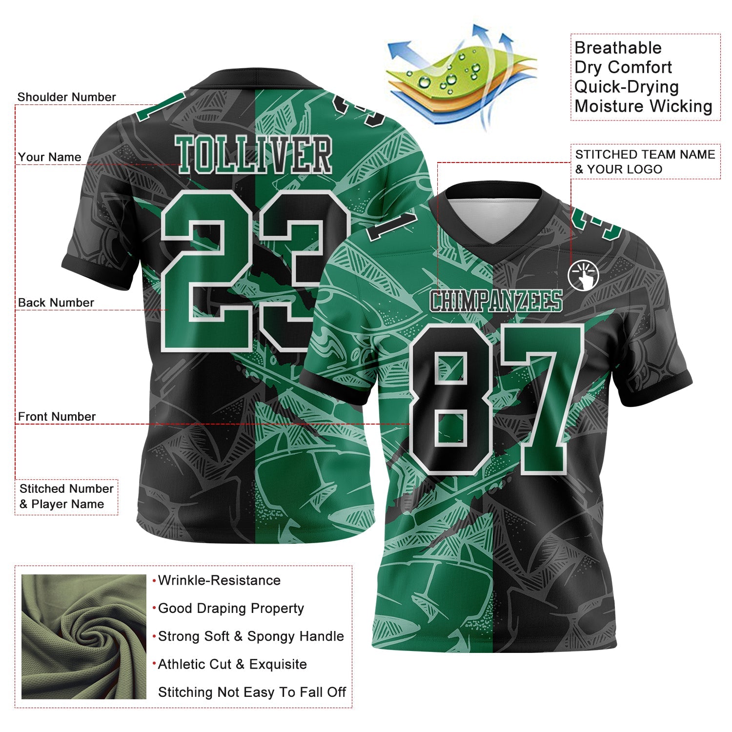 Custom Black Kelly Green-White Mesh Authentic Gradient Fashion Scratch Football Jersey - Sky-Custom