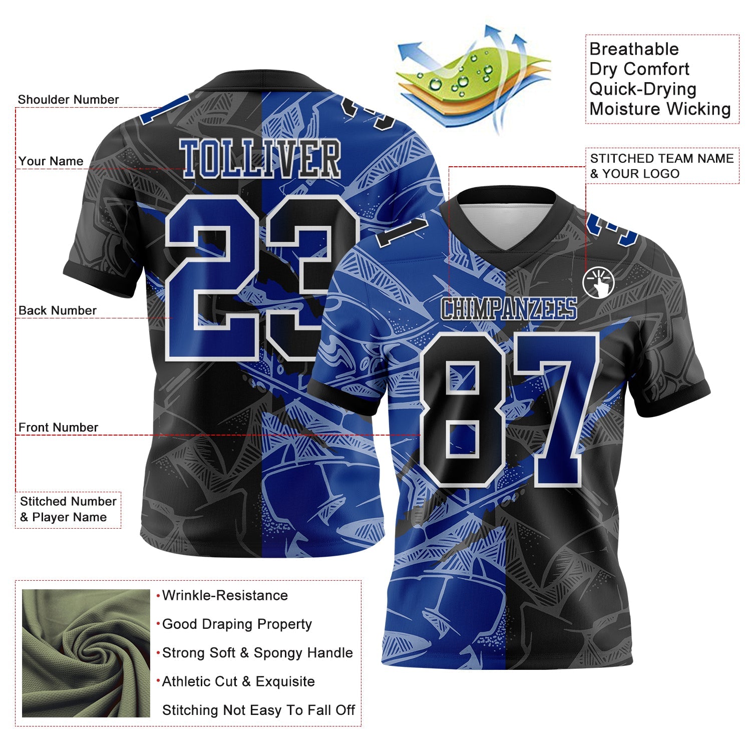 Custom Black Royal-White Mesh Authentic Gradient Fashion Scratch Football Jersey - Sky-Custom