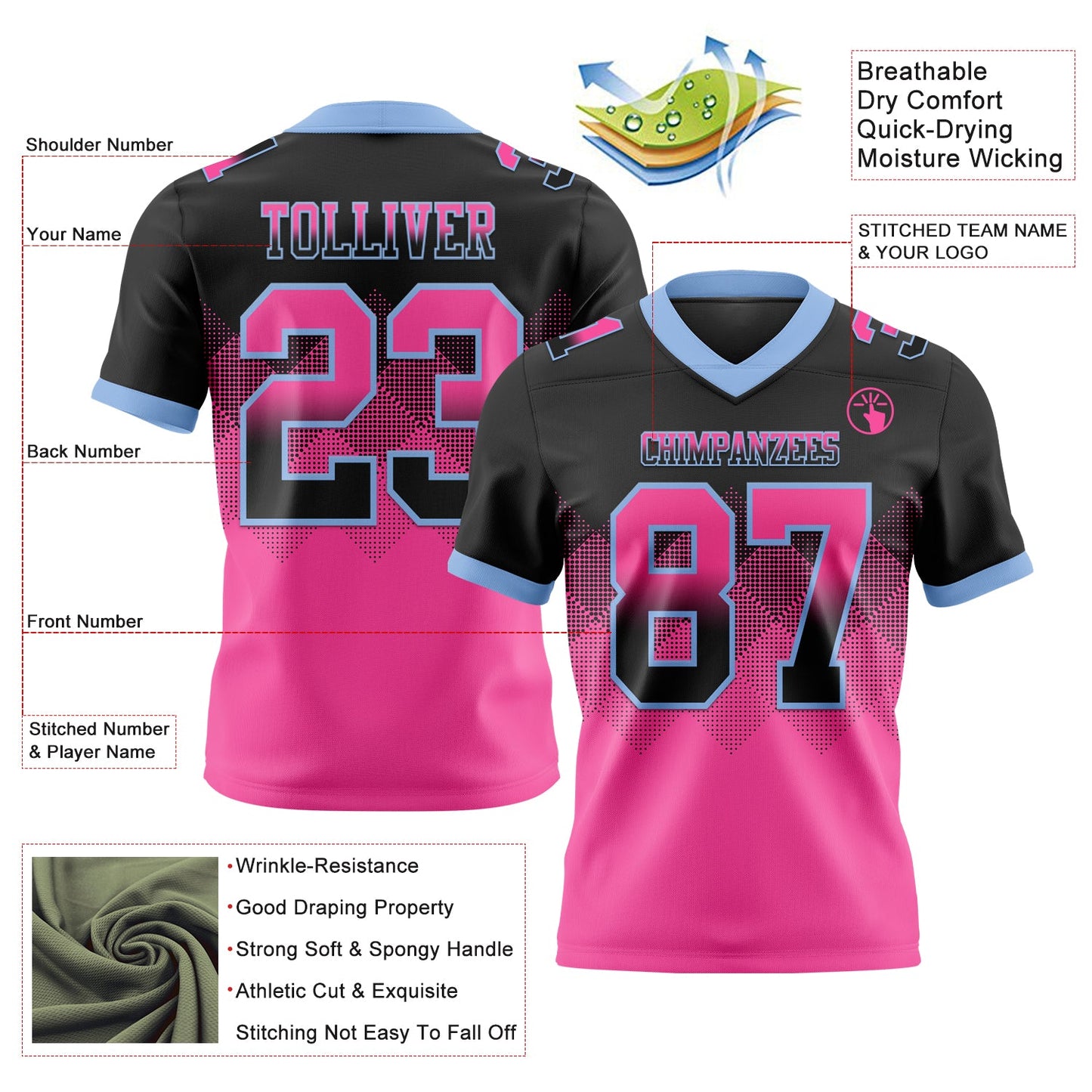 Custom Black Pink-Light Blue Mesh Authentic Gradient Square Shape Flag Football Jersey - Sky-Custom