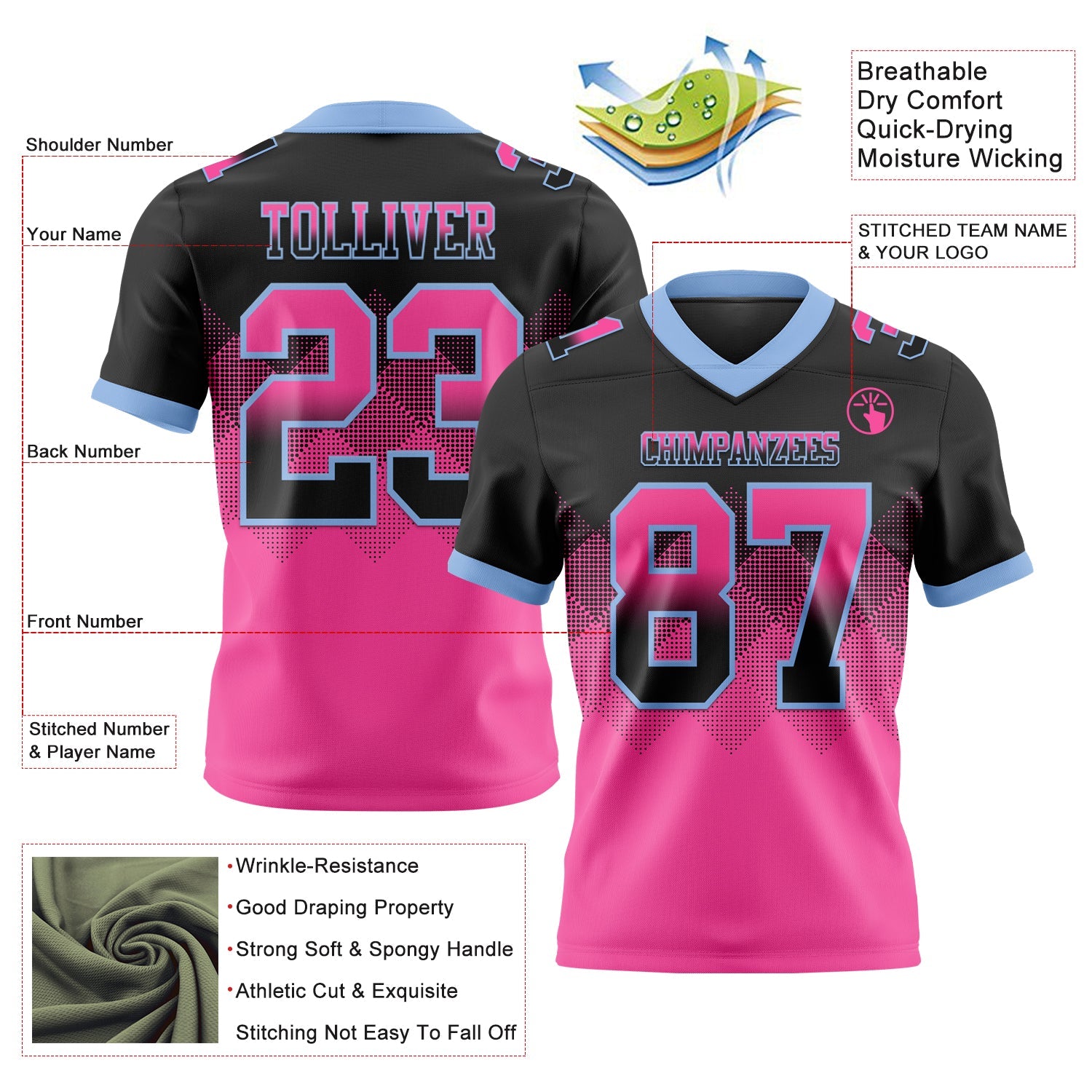 Custom Black Pink-Light Blue Mesh Authentic Gradient Square Shape Flag Football Jersey - Sky-Custom