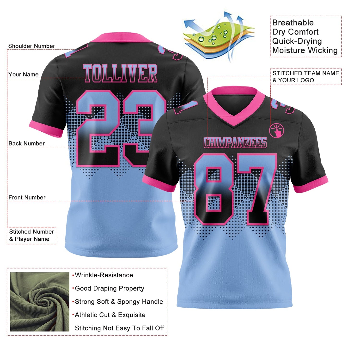Custom Black Light Blue-Pink Mesh Authentic Gradient Square Shape Flag Football Jersey - Sky-Custom