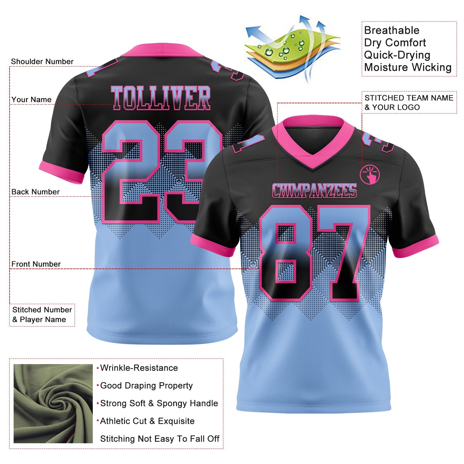 Custom Black Light Blue-Pink Mesh Authentic Gradient Square Shape Flag Football Jersey - Sky-Custom